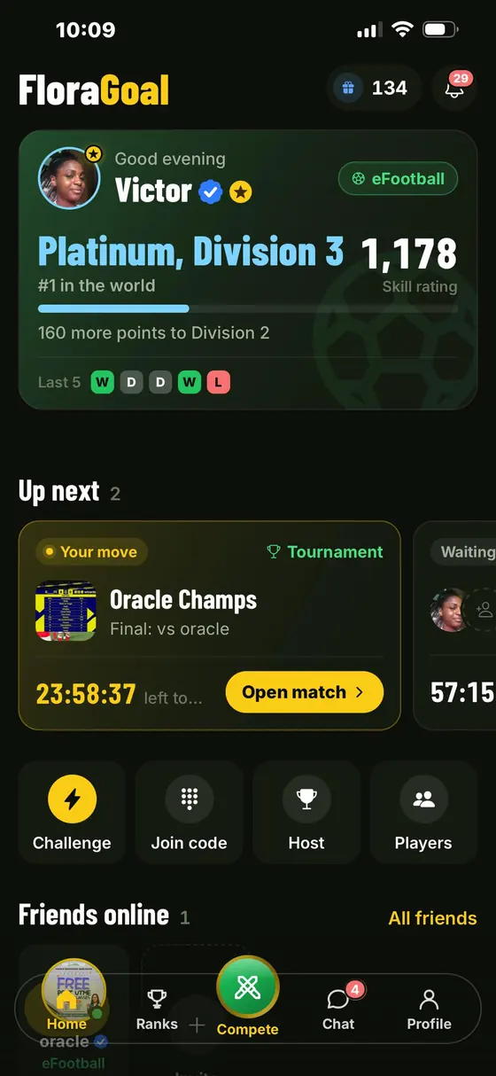 FloraGoal home screen with your rank and next match