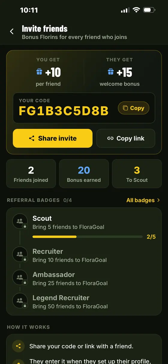 FloraGoal invite friends screen with referral badges